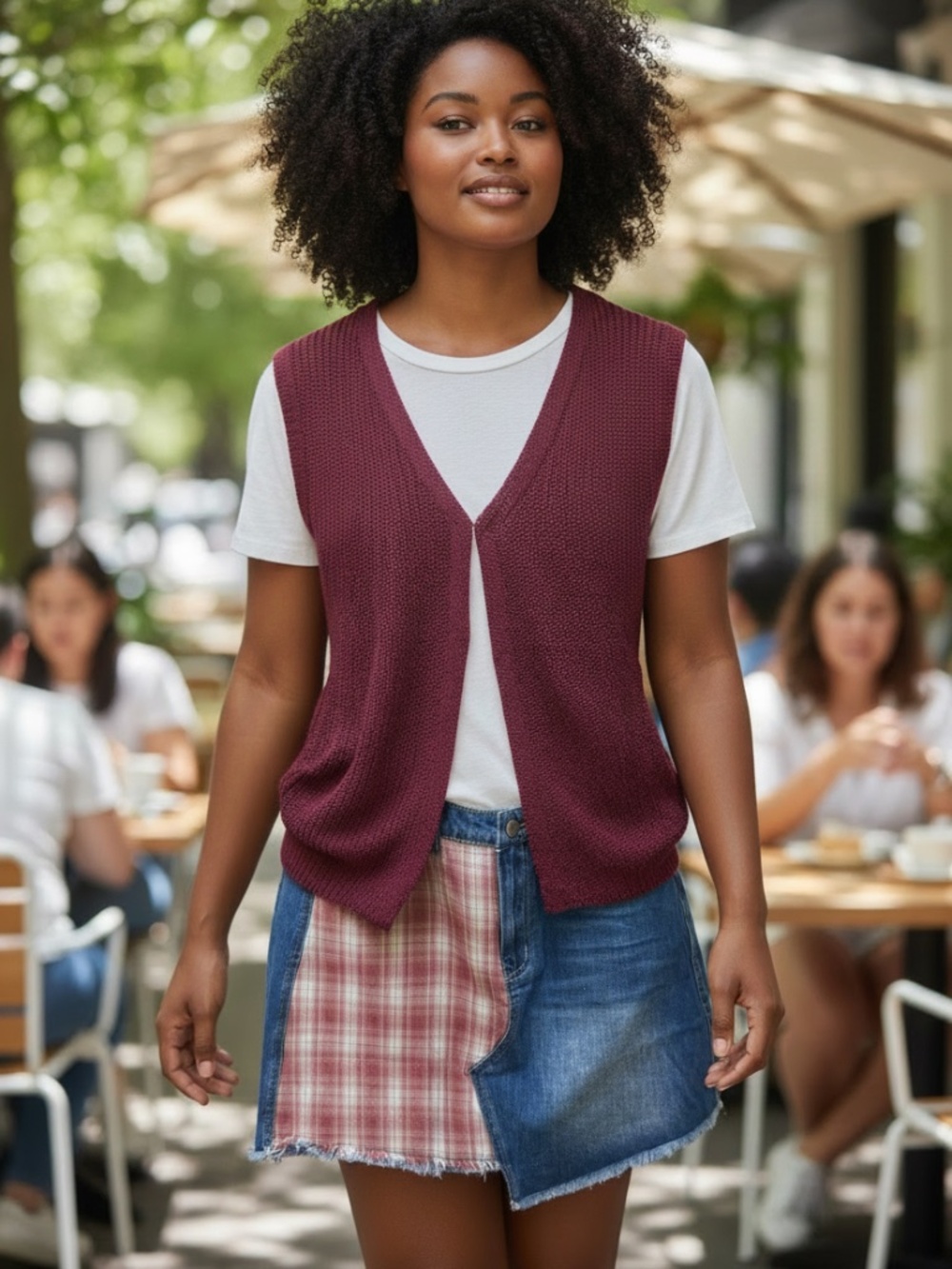 Easel Plaid Mix Mixed Media Denim Mini Skirt